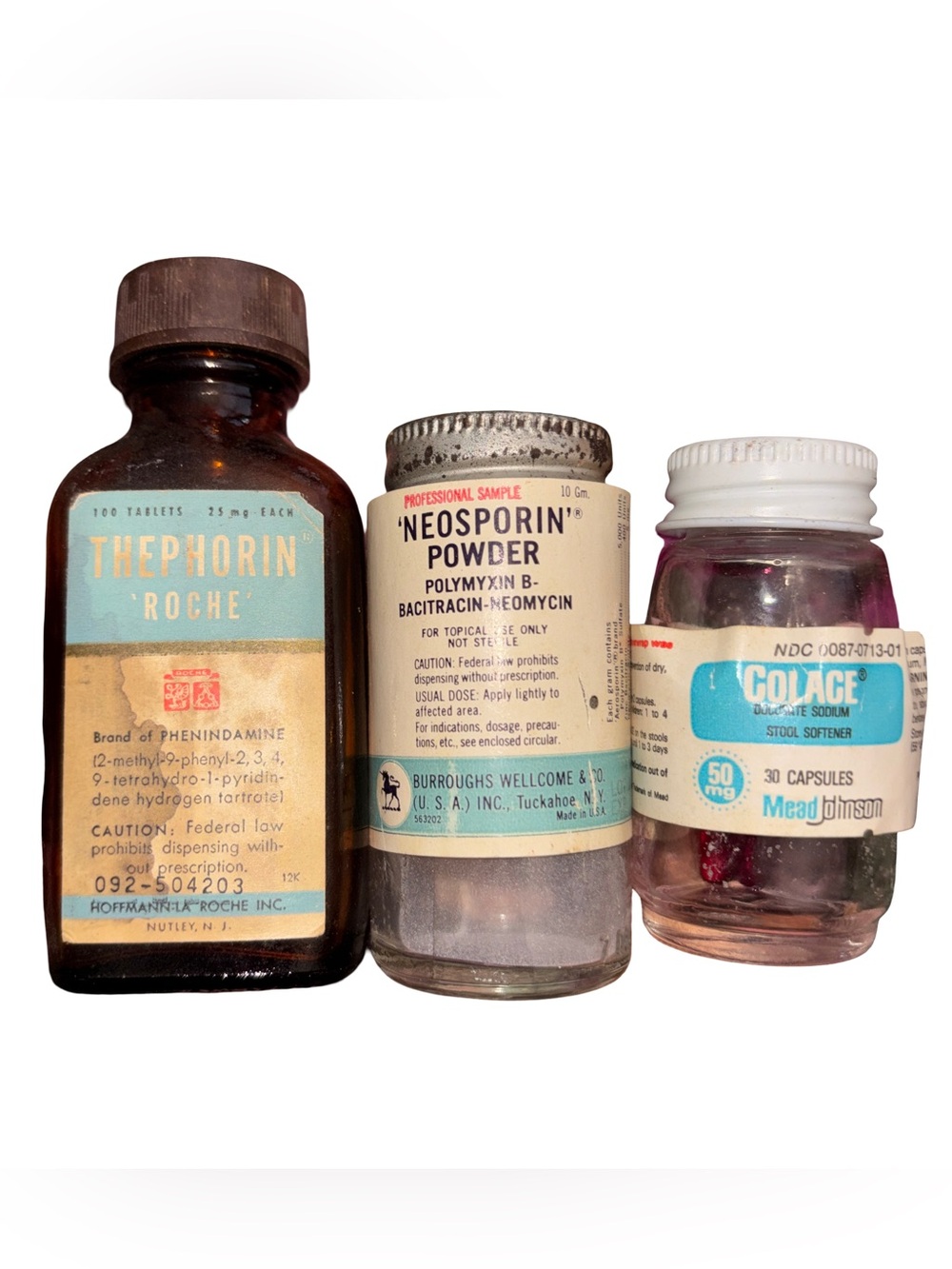 Vintage Glass Medicine Bottles Thephorin‎ Roche, Neosporin Powder, Colace